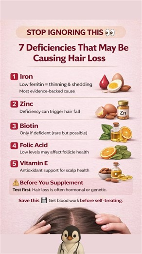 Stop Ignoring This- 7 Deficiencies That May Be Causing Hair Loss! Not all hair loss is genetic 👀 Sometimes, hidden nutrient deficiencies can play a role. This guide breaks down 7 key deficiencies linked to thinning and shedding — including iron, zinc, biotin, folic acid, and vitamin E. ⚠️ Before starting supplements, test first. Hair loss is often hormonal or genetic, and proper blood work can help identify the real cause. Save this for later and make informed decisions about your hair health.