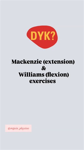 Regain physiotherapy on Instagram: "♦️ " Mckenzie and Williams Exercises " ♦️ ( Two distinct approaches to managing low back pain, differing in their emphasis on spinal movements ) McKenzie ( extension) exercises - focus on extension, aiming to restore the spine's natural curve and address conditions. Williams ( flexion) exercises, on the other hand, focus on flexion, strengthening the core and improving lumbar flexion. . . . #physicaltherapist #physiolife #physiostudent #physiotherapy_world #tr