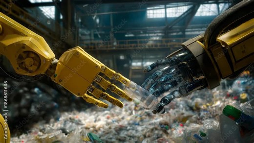A modern recycling facility where robotic arms sort plastics by type and color under AI-guided sensors — advanced recycling technology, circular resource management, and high-tech waste sorting