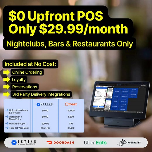 🌟 Get 5K When You Switch to SkyTab POS - Perfect for Bars & Restaurants! 🌟 Are you a bar or restaurant owner tired of losing profits to expensive credit card processing fees? Discover how our SkyTab POS system can revolutionize your business with 0% processing fees and a flat rate under $100/month! 🏷️ 💡Why Switch to SkyTab? ☑️ 5K Incentive: Switch today and receive a fantastic 5k incentive directly to you as the owner. ☑️ Built for Bars & Restaurants: Tailored features to streamline your ope
