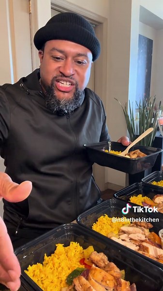 Mediterranean Chicken Meal Prep — 5 full servings packed with seasoned chicken thighs, roasted veggies, turmeric rice and crazy feta. N8 Style. RECIPE RICE \t•\t1.5 cups uncooked jasmine or long-grain rice \t•\t2 cups water \t•\t1 tsp turmeric \t•\t1 tsp Badia all-purpose seasoning Cook in a rice cooker or bring to a simmer in a pot for 8 minutes until rice is cooked. VEGGIES \t•\t1 red onion \t•\t2 zucchinis \t•\tYellow, orange & red bell peppers \t•\tOlive oil \t•\tBalsamic vinegar \t•\tCavend