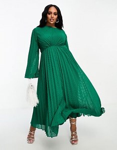 ASOS DESIGN Curve tie back fluted sleeve pleated chevron chiffon midi dress in green | ASOS