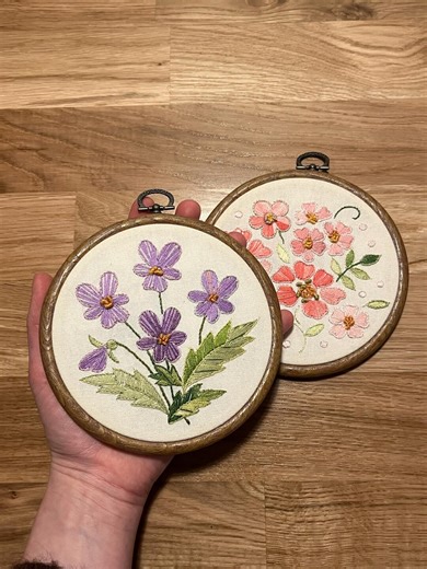 Vintage Framed Embroidery Floral Wall Art | Set of 2 | Botanical Needlework Hoops - Etsy