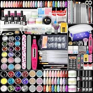 Acrylic Nail Kit for Beginners with Everything Professional 3pc Acrylics Powder 6pcs Gel Nail Polish 18pcs Glitter Decoration Powder Nails Kit Acrylic Set with Tips Nail Light Drill Gifts