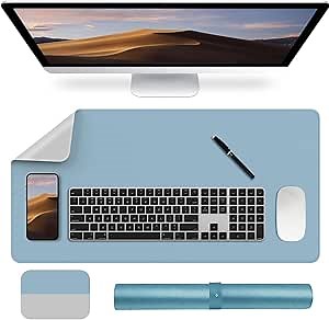 Desk Pad Protector, Desktop Mat, Non-Slip PU Leather Desk Blotter, Waterproof Desk Mat, Large Mouse mats for Office and Home Work, 23.62" x 11.81", Blue & Gray