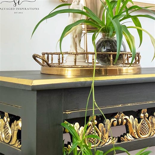 8.5K views · 82 reactions | Glammed up a thrift store console table using gold leaf foil and paint. #furniture #furnituredesign #paintedfurniture #furnitureflip #furnituremakeover | Salvaged Inspirations | Facebook