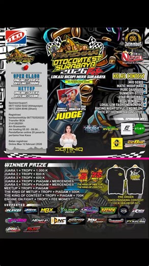 ototrend_official on Instagram: ". . Kota Pahlawan memanggil "Real Kreator Modif Nusantara Rek!" Yuk ramaikan "PANDAWA OTOCONTES SURABAYA 2026" Sabtu, 14 Februari 2026 @ Becopi Merr Surabaya. Featuring : 9 Main Class Categories, 75 Best Meet Up Categories, Best Engine On Fight King of Meet Up & King of Contest. Gass Pol bareng Fun Drag Race & Goyang bareng FDJ Dominic Tsao. Jukir by : @tito.monsterototrend @dhimasototrend So segera getarkan CP : - 0877 5252 0222 (KTM Aye Aye) - 0813 3294 8046 (D