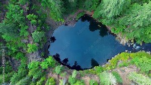Drone aerial landscape of Blue Pool crystal clear lake Tamolitch Falls Attraction McKenzie River forest woodlands national park Oregon USA America nature wilderness hiking