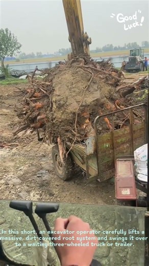 Digger Lifts Huge Tree Root, Truck Tips! #HeavyMachinery