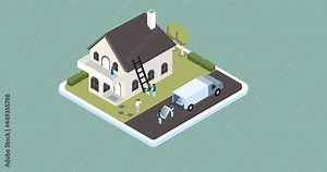 An animation of the solar panel installation process on a house in 4K against a light green background