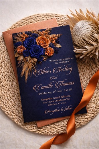 Floral Wedding Invitation Template | Navy, Copper, and Burnt Orange (editable in Canva, Digital Invite) Invite RSVP Details Set - Etsy New Zealand