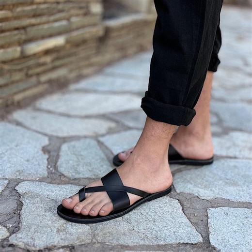 Men's Handmade Greek Leather Cross Sandals: Black Toe Loop Slides - Etsy