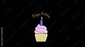 Birthday cup cake with candle. party and celebration concept. wishing happy birthday in text motion. 2d cartoon birthday cake with candle, 2d animated, video clip, 4k size, without background.