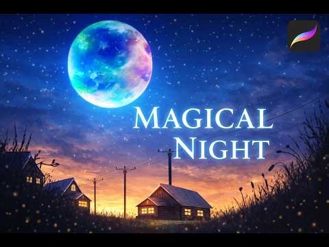 Magical Night Landscape Speedpaint: Huge Moon & Cozy Houses | Procreate 🌙