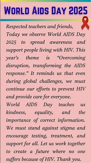 World AIDS Day Speech in English | Speech on World AIDS Day 2025 Theme in English | AIDS Day Speech