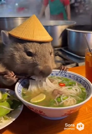 ベトナム屋台のフォーを楽しむウォンバット