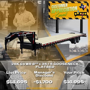 Hey folks, Texas Pride's first ever Customer Appreciation Event has begun! And to show how much our customers matter to us, we've put 11 trailers on sale! But this event won't last long! Customized Just for You 🔧 Quality You Can Trust 🏗️ Expert Support & Service 🤝 Options Galore 🚛 Nationwide Presence 🇺🇸 Give us a call TODAY 📞 936-255-2350 Or just head on down to Texas Pride and G'tcha One! | Texas Pride Trailers