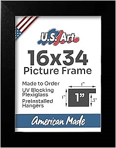 Flat Black 16x34 Picture Frame - Handmade American Flat 1" Wide Engineered Wood Frame for Wall Décor with Preinstalled Hangers and UV Blocking Plexiglass, 16x34 Frame
