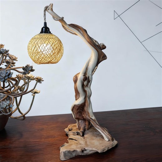 Handcrafted Driftwood Table Lamp With Rattan Woven Shade, Natural Sculptural Wood Lamp, Boho Farmhouse Home Decor - Etsy