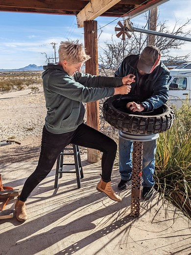 New @bridgestonemoto AX41 are on! It's time to explore the desert 💪 #bridgestonemoto #adventurecrossax41 #ax41 #onherbike #texaslife #texas #workshop #advmoto #advrider #adventurerider #womanrider #motogirl #motorcycletyres #motorcycleride #motorcyclelife #travellife #travelblogger | On Her Bike
