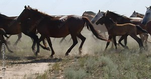 a herd of horses are galloping in the steppe. beautiful horses. shot on in red komodo - 120fps 2k