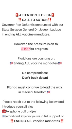 Nurse Nicole, BSN, RN, CLNC on Instagram: "🚨Florida’s #EndAllVaccineMandates is on the line🚨 🇺🇸State Legislators are being pressured to remove important parts of the bill! 💉Most do not realize vaccine mandates STILL exist and affect a wide range of Floridians.. Some examples are: 1. Children going into daycare 2. College students 3. Clinical site students 4. Healthcare workers … etc We need everyone to call, email, and let Florida Legislators know MEDICAL FREEDOM IS TO NOT BE COMPROMISED! ‼