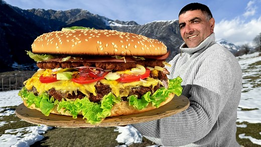 16K views · 1.3K reactions | Learn how to make a tasty homemade burger with a big lamb cutlet! It's crispy, juicy, and absolutely HUGE! Perfect for a delightful meal at home❤️襤 #cooking #burger #village | Faraway Village Family | Facebook