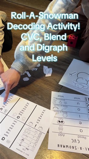 Classroom SMALL GROUP FAVORITE ALERT! Practice decoding with CVC, Blend and Digraph levels with this roll-a-snowman activity! Students can draw or glue (using the included pieces) to make a snowman while practicing decoding and fluency skills! My students ask for this one on repeat! Search TPT or comment for link! #decoding #elementary #kindergarten #firstgrade #smallgroup