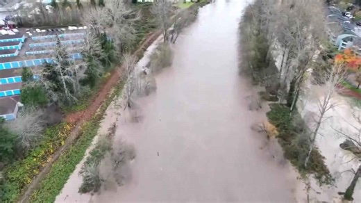 Drone video captures flooded Puyallup River as Washington issues warning