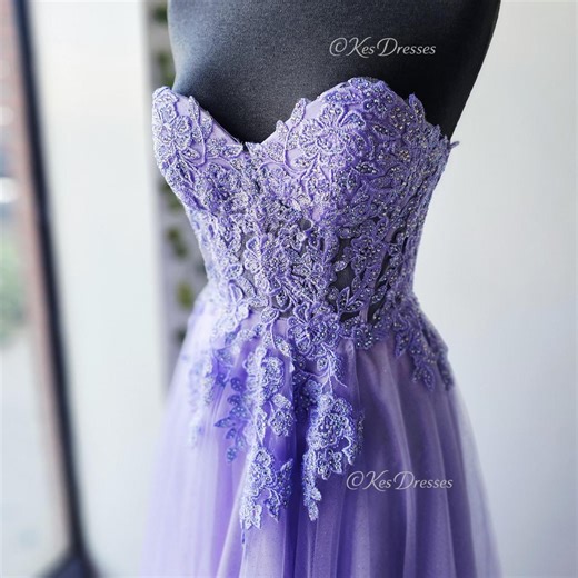 Lilac strapless prom dress with lace beaded... | Depop