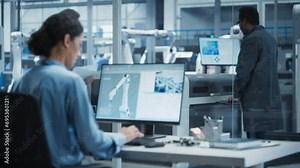 Hispanic Female Automation Engineer Using Desktop Computer to Control Automated Production With Robotic Arms On Modern Electronics Factory, While Indian Assembly Line Worker Using Solder Jet Printer.