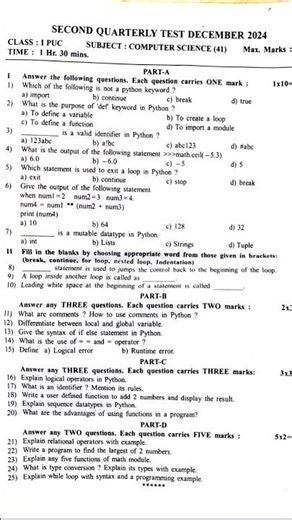1st puc computer 2nd quarterly question paper of 2024likely 80% 3rd 4th 5 this will repeat of those