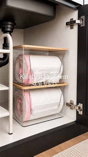 This keeps garbage bags organized, easy to grab, and takes up way less space than a pile of half-empty boxes. Kitchen problem solved. Linked in my Amazon shop under KITCHEN. #kitchenorganization #smallspaceideas #amazonhome #organizedhome #spacesaving