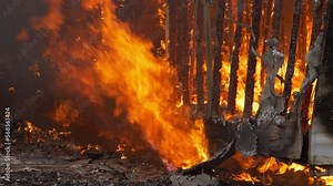 Slow motion flames burning a small building down to nothing. House wall being burned down by a massive fire. Slow motion footage.