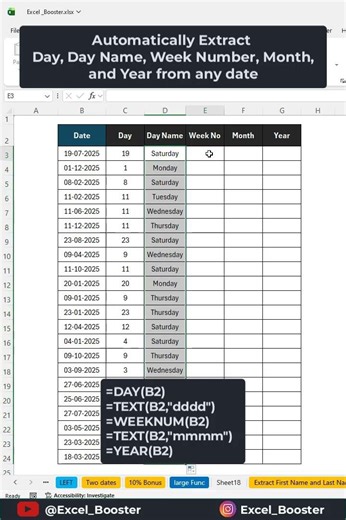 Excel Date Formula Trick 🔥 Auto Fill Day, Month, Year & Week in Seconds! #excel #shorts #exceltips