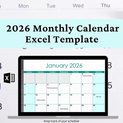 2026 Monthly Calendar Excel Template: Editable Planner (digital Download) - Etsy Hong Kong