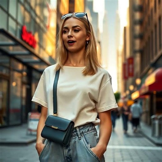 NYC Golden Hour: Baggy Jeans × Ivory Tee | Modern Street Style 🌅✨