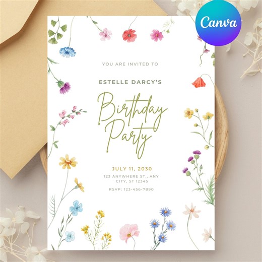 Wildflower Floral Birthday Invitation: Editable Wildflower Invitation for Girl Flower Birthday Digital Invitation Template - Etsy