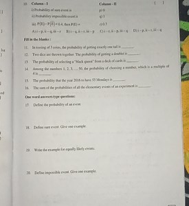 10. Column-IColumn - IIi) Probability of sure event isp) 0... | Filo