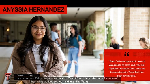A dream realized. First-gen Texas Tech Honors College student Anyssia Hernandez had visions of attending Texas Tech when she was young. Now, she's seizing every opportunity that comes her way. “With Texas Tech, anything is possible, right? All you have to do is keep trying.” https://today.ttu.edu/posts/2023/10/Stories/Responding-to-Opportunitys-Knock | Texas Tech University