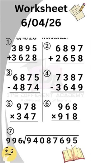 DAILY SUMS WORKSHEET 6-4-26 #WORKSHEET #MATHS #CBSE #NCERT #PRACTICE #cbse #maths #cbse#mathematics