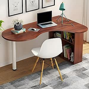 KWOKING Writing Desk with Cable Management & 2 Exterior Shelves-Without Chairs Computer Desk Corner Study Desktop Desk Curved Corner Table Right Hand Return Teak 63" L x 27" W x 30" H
