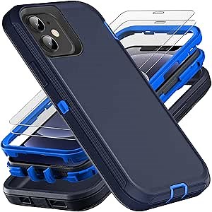 YKHJKLEC for iPhone 12 Mini Case, Military Grade 3 in 1 Heavy Duty Shockproof/Drop Proof/Dust Proof Case with 2Pcs Tempered Glass Screen Protector (Navy Blue)
