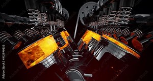 High Performance V8 Car Engine In Motion. Pistons And Crankshaft Moving. Industry Related High Quality 3D 4K Animation.