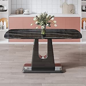 63" Modern Glass Dining Table,Faux Marble Dining Table Black,Rectangle Glass Top Dining Table with MDF Legs with U-Shaped Brackets for Dining and Living Rooms (1, Black, 63")