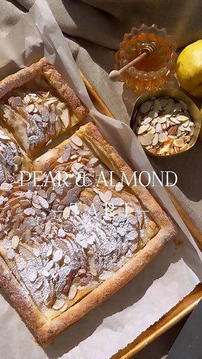 Sivan's Kitchen on Instagram: "Pear 🍐 and almond tart for your upcoming holiday dessert table. The perfect potluck dessert you can whip up in minutes. I used @jeckysbest puff pastry that happens to be non dairy and amazing ! It’s a 10x15 inch sheet You can use any puff pastry sheet of your choice. I’ve made this using apples and peaches, both are amazing ! Tip: Make sure your puff pastry is on a piece of parchment paper for easy transfer to baking sheet Ingredients: •1 puff pastry sheet •granul