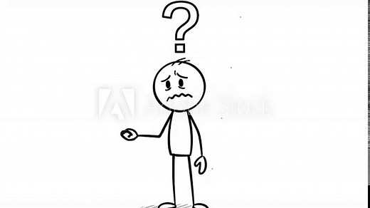 Animated stick figure pondering with question mark, scratching head, shrugging in confusion