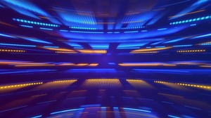 Neon data lights technology background with glowing gold and blue lines, dashed lines, dots and light rays moving across the frame. Full HD, looping abstract technology motion background animation.