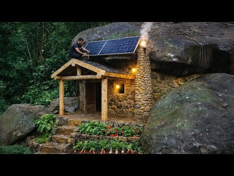 Building a house under a giant rock, installing lighting, survival, off-grid living
