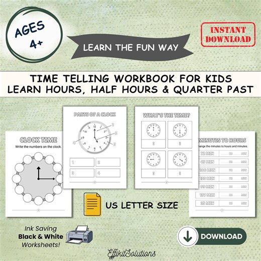 Time Telling Workbook for Kids Printable | Learn to Read Clocks | Math Worksheets - Etsy Australia